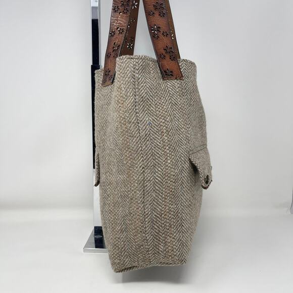 Y2K Handmade Reversible Tote Bag Brown Tweed Blue Flowers Buttons Leather Belt - Picture 6 of 14